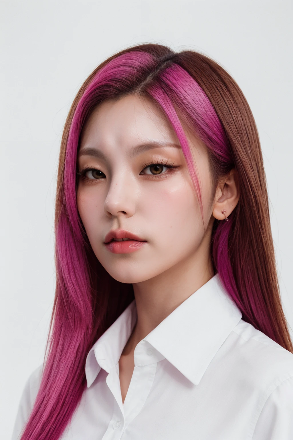 Photography, Portrait, taken with DSLR, F/2.8, (High quality), (masterpiece), realistic, 8K, realistic, (close--up, portrait), (standing), [plain white background], [long hair, brown hair, pink hair, two tone hair], (white collared shirt), HwangYeji, <lora:Yejiv2:0.95>