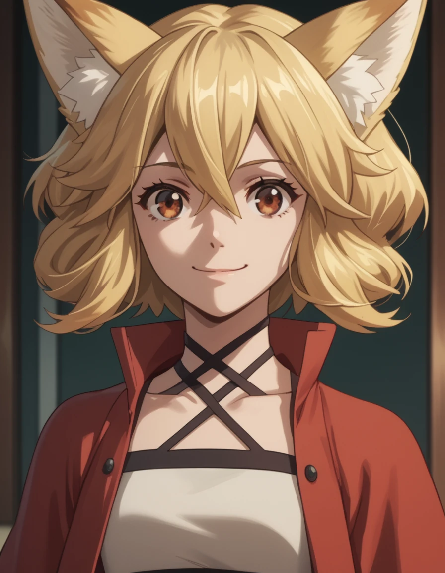 Milky, short hair, blonde hair, red eyes, hair between eyes, brown eyes, fox ears, red skirt, fox tail, suspender skirt, tube top, score_9, score_8_up, score_7_up, score_6_up, score_5_up, score_4_up, source_anime  <lora:LogHorizonDestructionoftheRoundTable:1> soft smile, portrait,