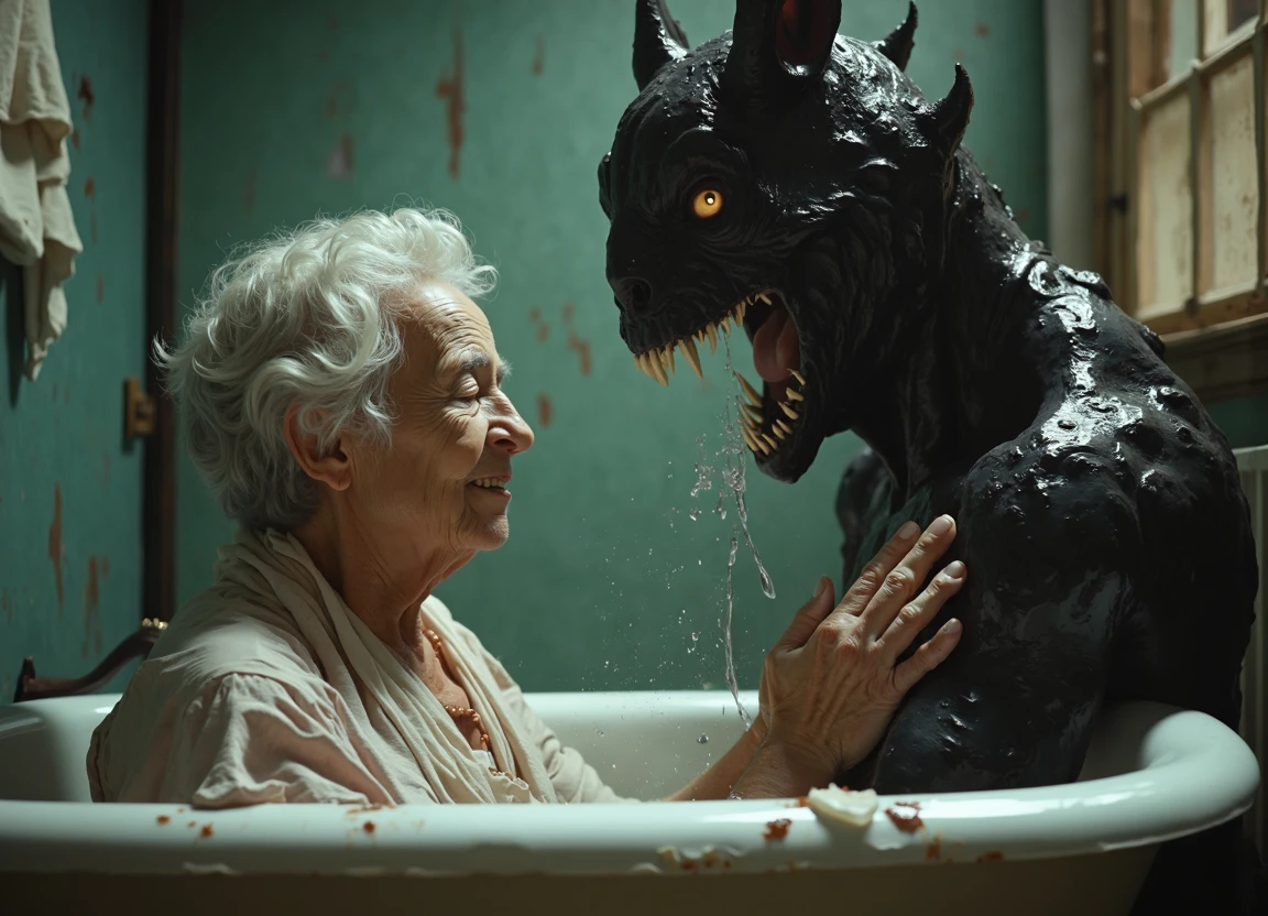 a elderly woman having a bath with a demon, d34thd3m0n