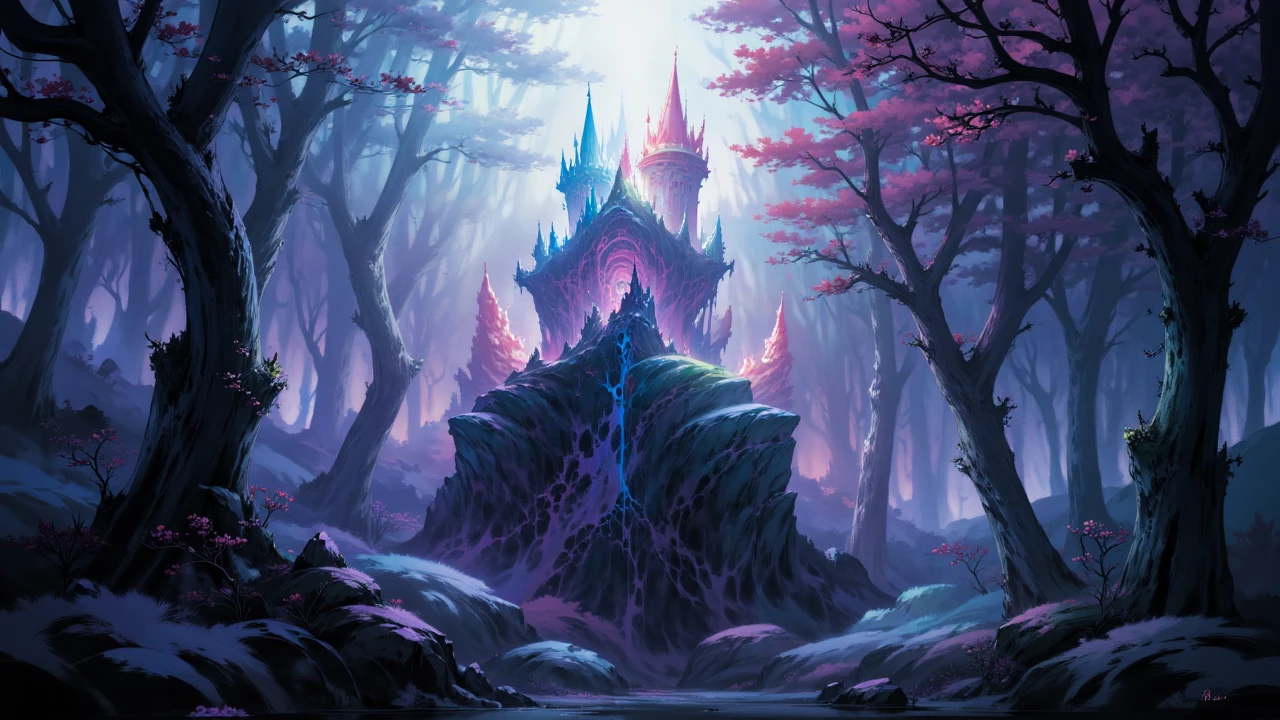 painted world,a haunted castle surrounded by pitch black silhouettes of dead trees,