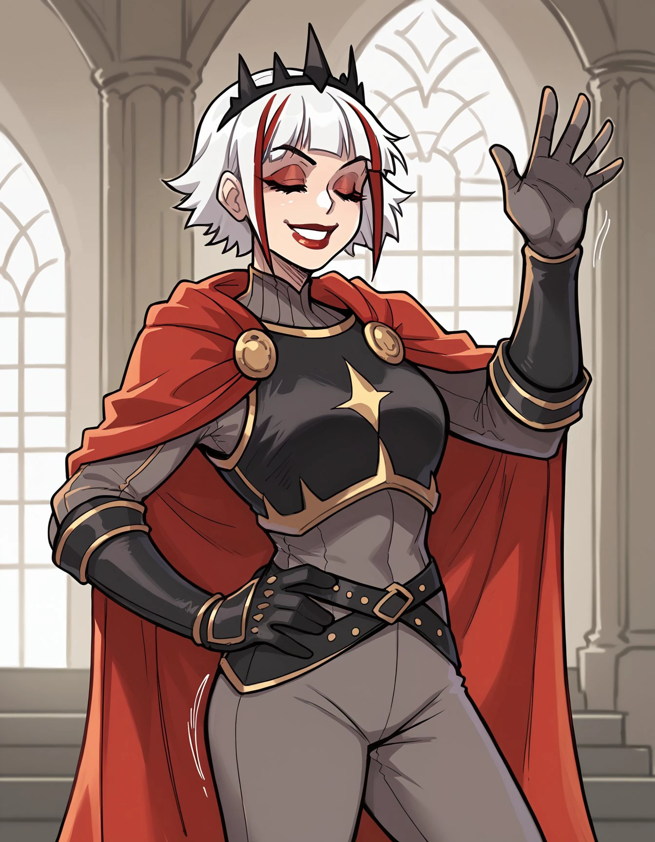 score_9, score_8_up, score_7_up, score_6_up, melkormancin-dh BREAK, waving hand, 1girl, solo, smile, short hair, bangs, simple background, closed eyes, red eye shadow, gloves, white hair, red hair, multicolored hair, cape, armor, streaked hair, hand on hip, crown, red cape, red lips, (castle indoors), motion lines <lora:Ulfger_PDXL:0.6>  <lora:Artist_Style_-_Melkor_Mancin_Romulo_Mancin_Style_PDXL:0.8>