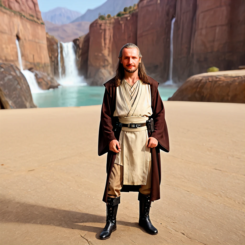 photorealistic, 4k UHD, <lora:SW_Qui-Gon_Jinn:1> qui-gon jinn standing with his hands out from his sides, star wars, male focus, gray hair, old man, jedi robes, trousers, boots, facial hair, 1boy, beard, solo, long hair, realistic, mustache, brown hair, science fiction, blurry background, wry smile, character portrait, looking at viewer,   <lora:Tatooine_Homestead:1> Tatooine, homestead, scenery, outdoor, mountain, red sky, bag, hood, standing, two suns, full body, perfect blue eyes,  <lora:PerfectEyesXL:1>