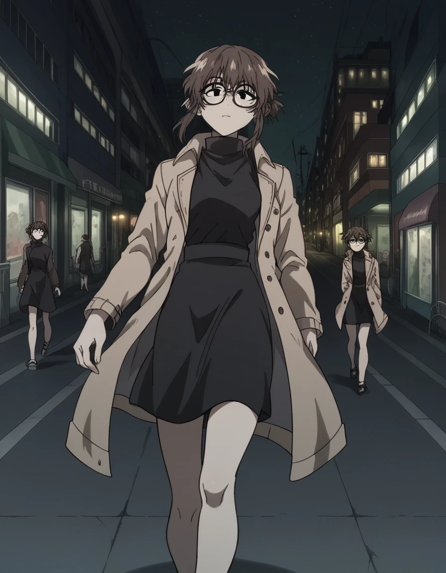 score_9, score_8_up, score_7_up, source_anime, <lora:anko-uguisu-s1-ponyxl-lora-nochekaiser:1>, anko uguisu, short hair, brown hair, glasses, black eyes,, dress, black dress, coat, turtleneck,, city street, evening, streetlights, walking dog, quiet neighborhood, gentle breeze, , looking at viewer, knee up, elbow bent, foot on tiptoe, solo,, cowboy shot, dutch angle