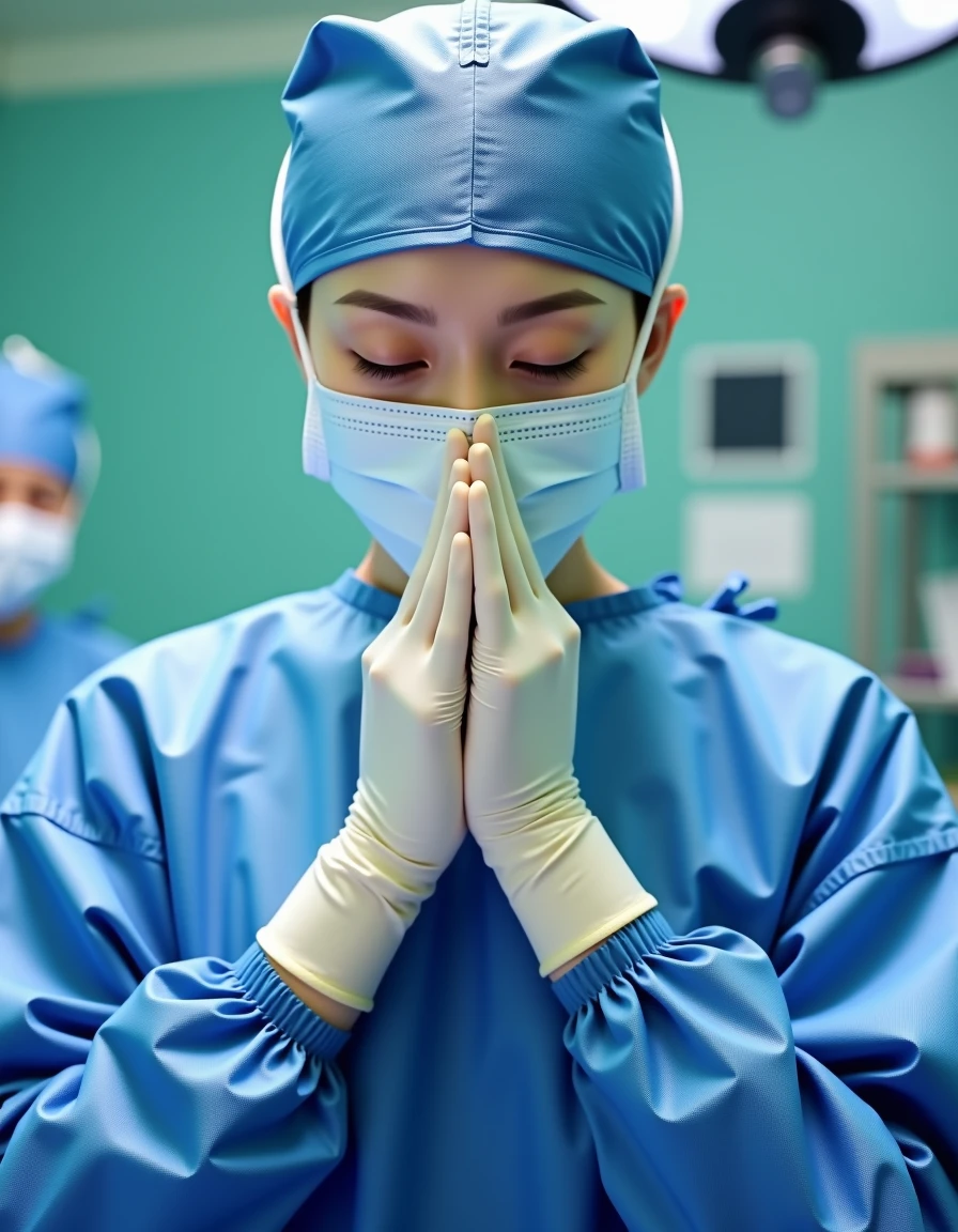 A beautiful Japanese female surgeon in operating room. She wears long sleeve surgical outfit, surgical cap, surgical mask and gloves. She is walking into the operating room, with her gloved hands raised to her chest level in front of her. Make sure her hands are not touching anything. 
The female surgeon is played by a young idol from AKB48. She has beautiful eyes and immaculate skin. Her eyes are partially closed as she is smiling under the mask.
<lora:surgical_outfits_for_flux-000006:1>