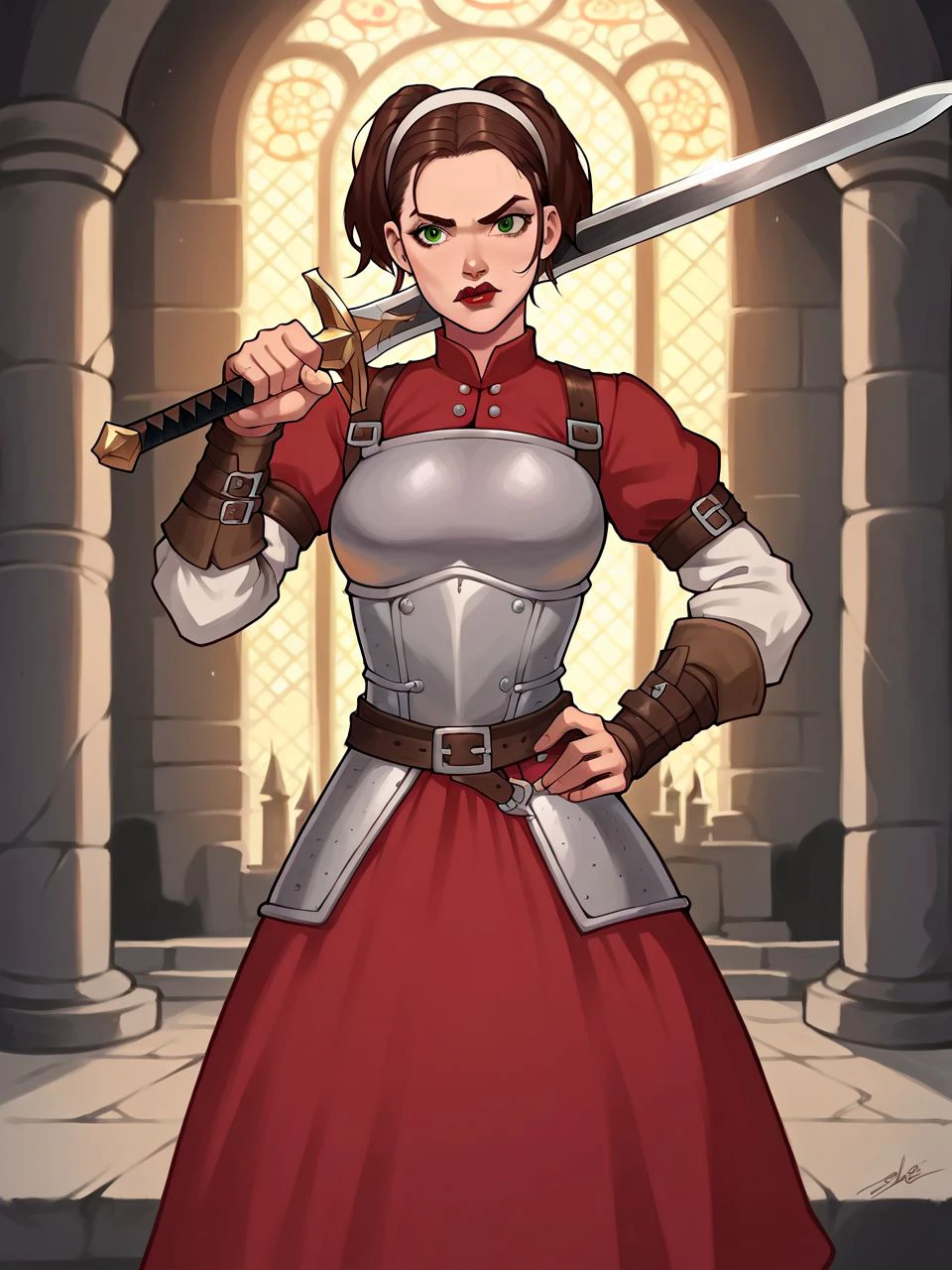 zPDXL3, castle interior, <lora:jobethTS_PDXL:0.8> jobethTS, brown hair, twintails, green eyes, red lips, hairband, medieval armor, battle dress, holding weapon, sword, battle stance