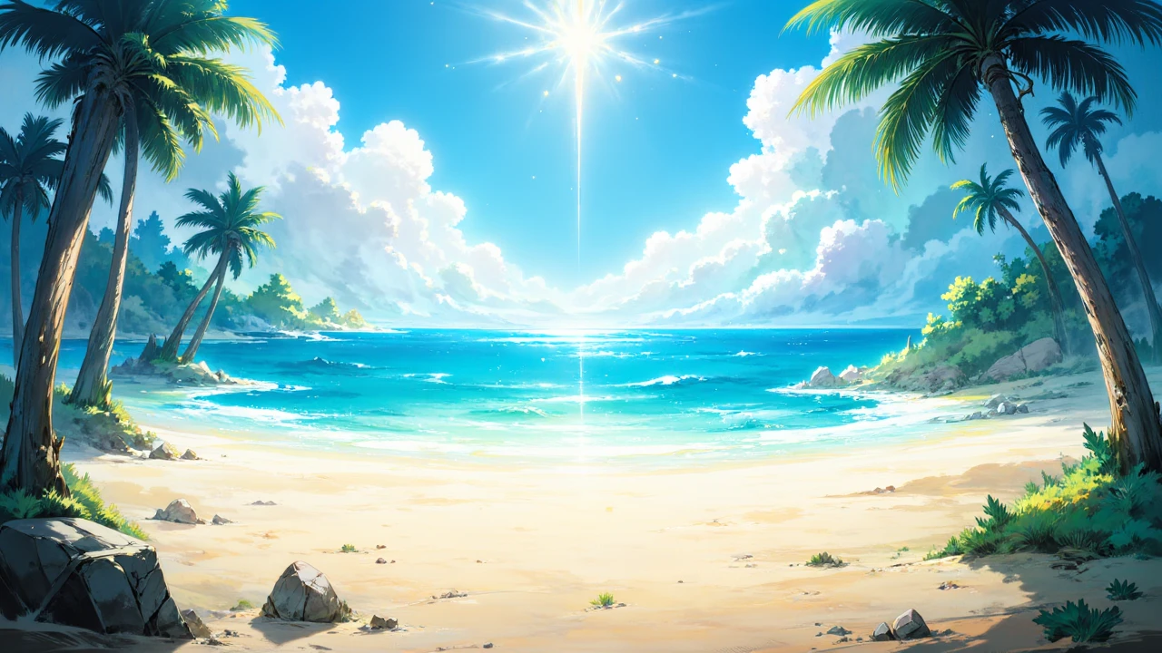 painted world, breathtaking view of a tropical paradise, sandy beaches and a beautiful ocean, palm trees line the horizon as the sun is high overhead