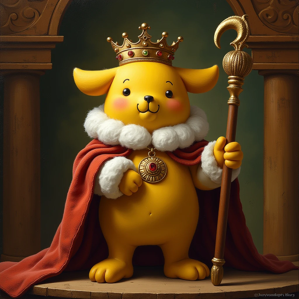 An artistic portrayal of POMPOMPURIN inspired by classic European oil paintings, featuring rich, textured brushstrokes and dramatic lighting, as he poses elegantly against a timeless, ornate background reminiscent of Renaissance art. He wears a crown and carries a staff like a great king