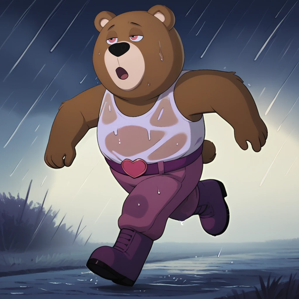 score_9, score_8_up, <lora:blackie-v12-14:1> uwblackiev, brown bear, solo, belt, white tank top, purple pants, boots, running, night, cloudy, rain, wet clothes, tired, half-closed eyes, wet pants, open mouth