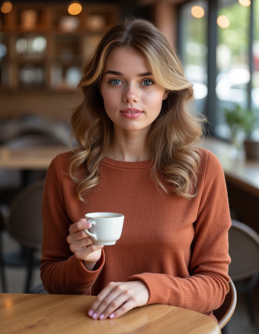 <lora:Keira_Blue_Flux:1> realistic photo of keirablue wearing a fitted sweater  dress in a cafe having a coffee.