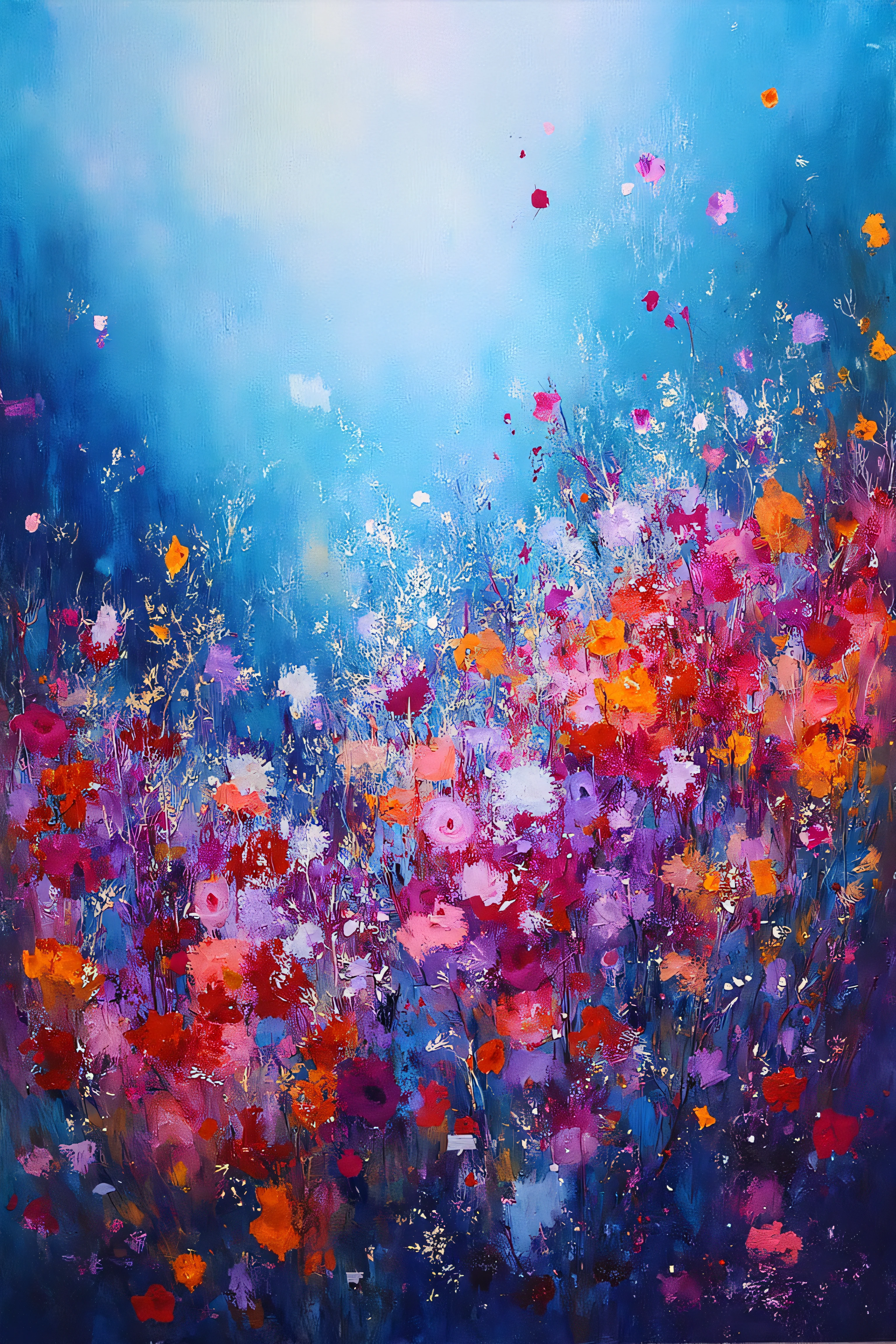 Design an abstract oil painting that illustrates a sea of wild flowers in blue, purple, red and orange