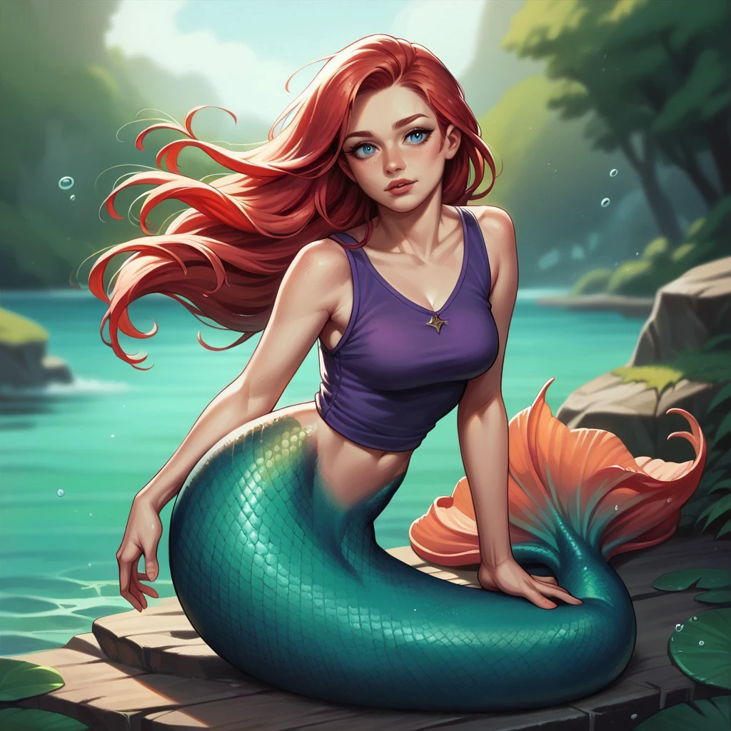 (((detailed, beautiful, high quality))), score_9, score_8_up, score_7_up, full body,

merfolk, mermaid tail, scales,

1girl, red hair, long hair, blue eyes, purple top, green ponytail,

looking at the viewer, posing, blurred background, blurred fantasy background,