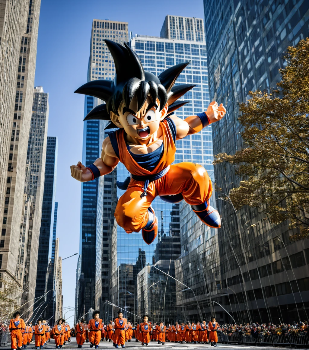 <lora:b41100n_04XL-000008:0.9>a raw photograph of (goku action figure:1.5) b41100n shaped parade balloon,(floating high above:1.2) (with guide ropes:1.1),during Macy's NYC parade,with park and trees behind,with tall buildings in background,(hero shot:1.1),from below,outdoor,sunshine and shadows,realistic photograph,wide_angle_view,highres,absurdres,hyper realistic,HDR UDH 8K wallpaper,photo realistic,award winning,best quality,masterpiece,intricately detailed,high contrast