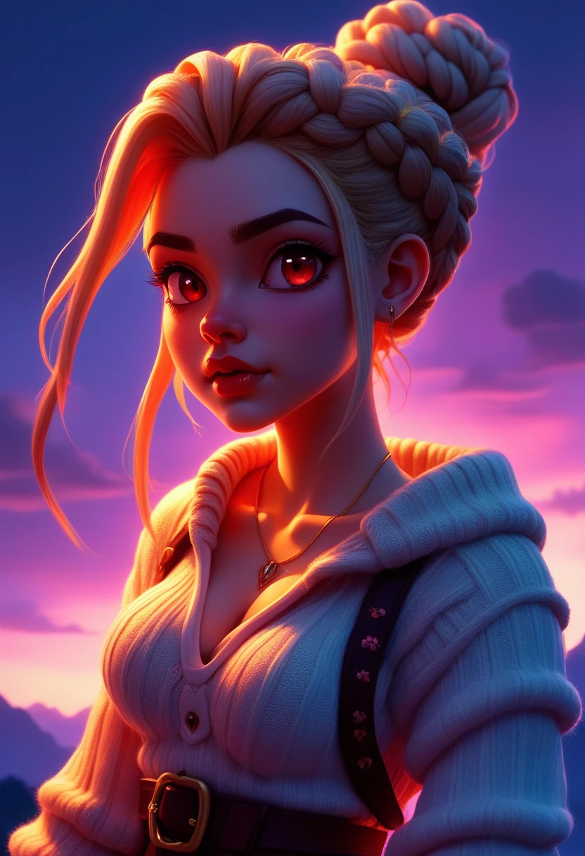 Jedtoon,cartoon, (((masterpiece))) , (((best quality))) , anime style, 2d, wearing [Welsh|Scotic] Sweater, (alluring 1girl, solo:1.2) Vampire hunter, she is Natural and Popular, as Burundian Barbarian, she has Dutch braid hair, at Dusk, Confused, Kingcore, pinhole lens, manga, <lora:Toonstyle-000006:1>, fabulous colors, contemporary, great composition, deep rich colors