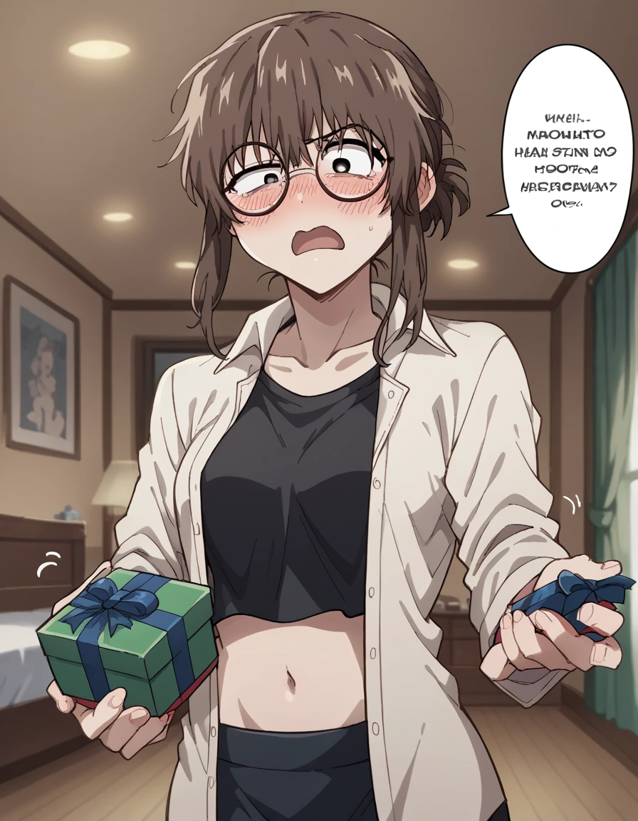 score_9, score_8_up, score_7_up, source_anime, <lora:anko-uguisu-s1-ponyxl-lora-nochekaiser:1>, anko uguisu, short hair, brown hair, glasses, black eyes,, <lora:tsundere-ponyxl-lora-nochekaiser:1>, tsundere, blush, incoming gift, gift, holding gift, embarrassed, averting eyes, anger vein, open mouth, speech bubble, bedroom, whirt shirt, naked shirt, open shirt, collared shirt, breasts apart, midriff, navel, no bra, collarbone,, , cowboy shot, dutch angle