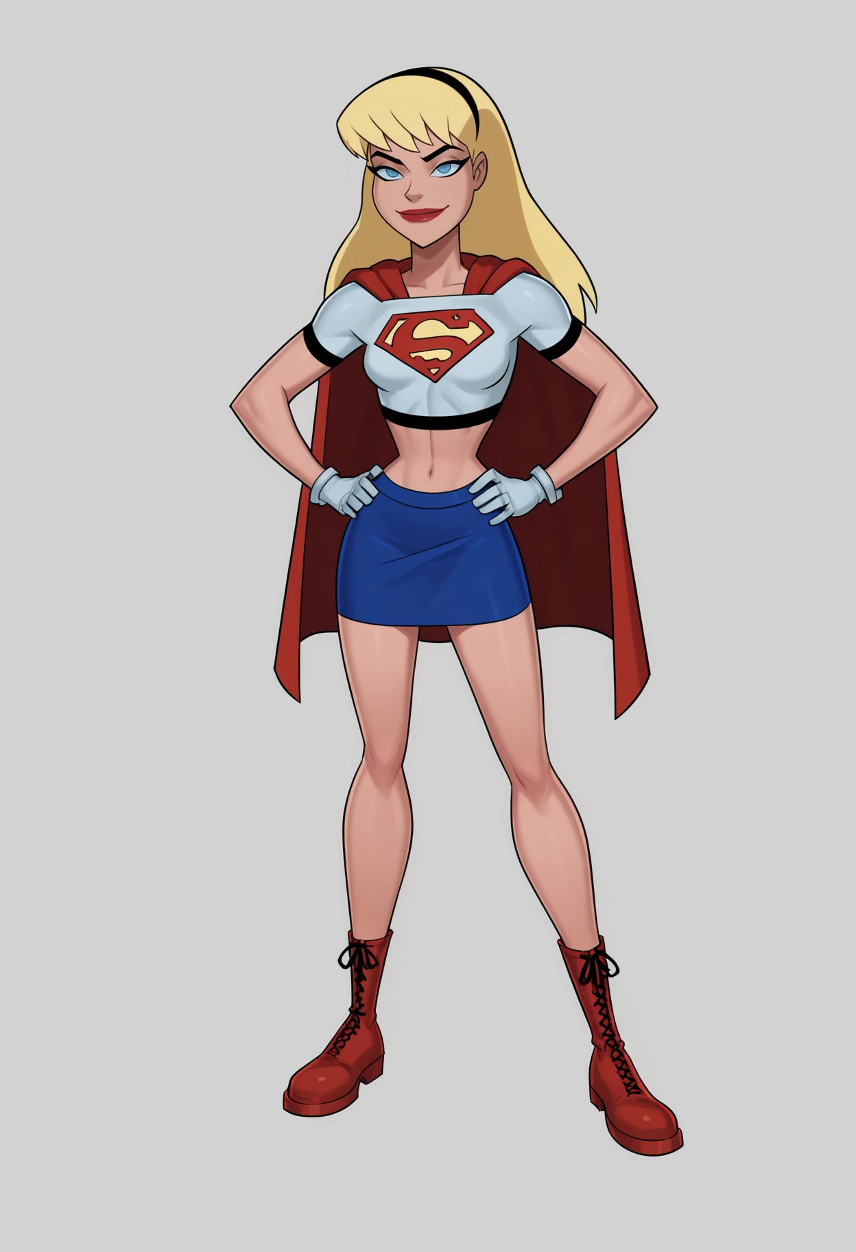 score_9, score_8_up, score_7_up, BREAK
1girl, supergirl, blonde hair, long hair, hairband, blue eyes, makeup, lipstick,
gloves, red cape, blue skirt, white crop top, red knee boots,
hands on hips, full body, smile, looking at viewer, solo, simple background, white background   <lora:SupergirlDCAUXL_byKonan:1>