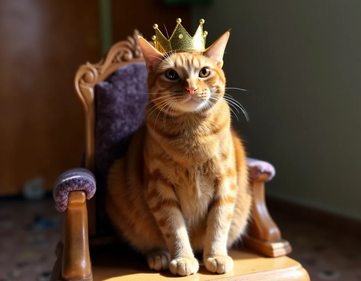 photo of xpanzudox orange cat with a crown on his head sitting on a little throne for cats, natural lighting <lora:Panzon_Gordinflon:1>