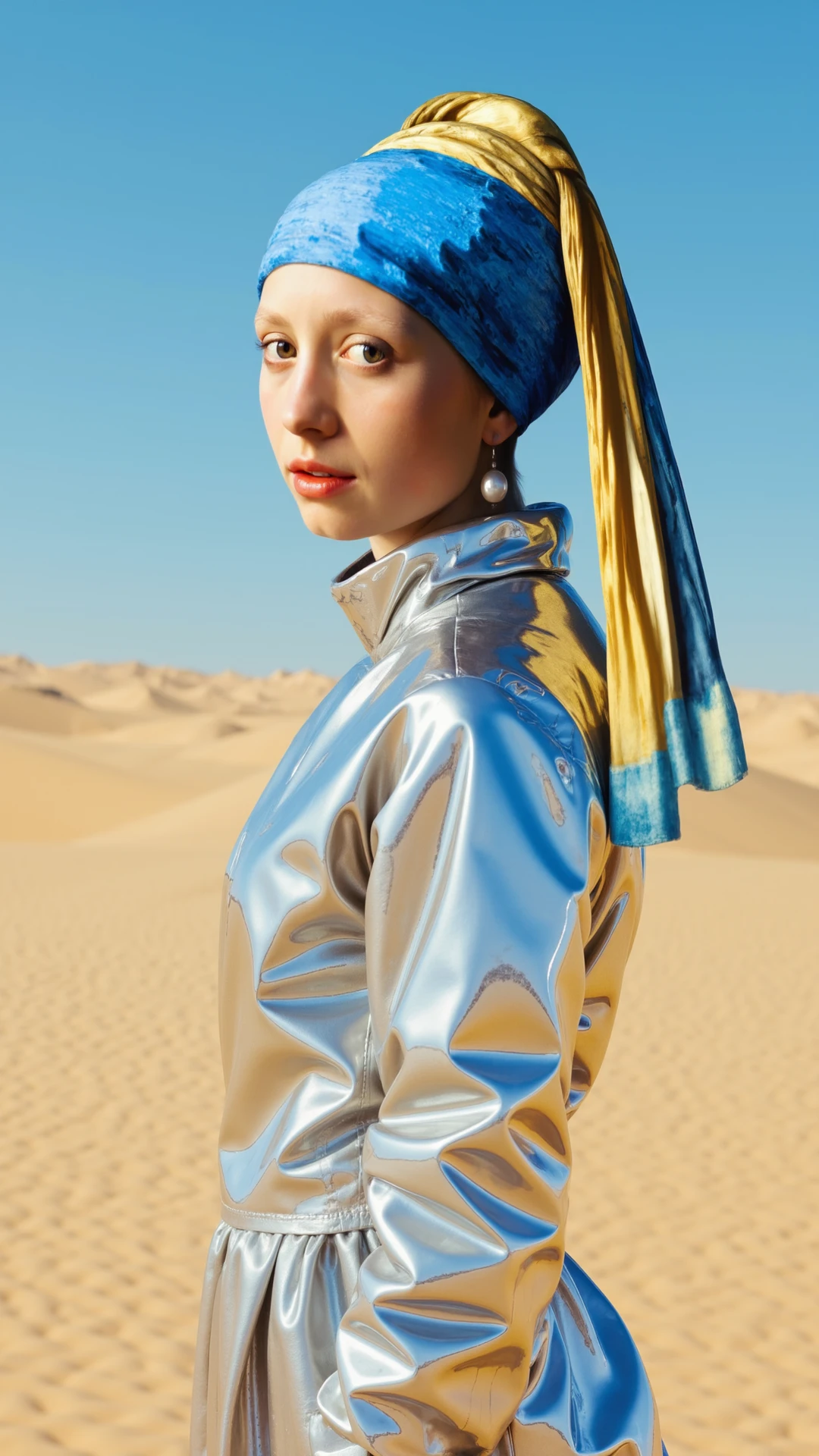 gwpe, In a surreal, desert-like landscape bathed in bright sunlight, the iconic figure of "The Girl with a Pearl Earring" is reimagined in a futuristic setting. The model, wearing her signature blue headscarf that gently wraps around her blonde hair, is now dressed in a striking, modern silver outfit. The outfit is made of reflective, mirror-like material that catches the sunlight, creating a dazzling, fragmented effect. The silver fabric glimmers against the sandy backdrop, blending the timeless elegance of the original painting with a bold, avant-garde twist.

She stands gracefully against the vast, open desert, her pose echoing the calm and contemplative expression of Vermeer’s masterpiece. Her blue headscarf and delicate pearl earring are iconic, contrasting with the futuristic outfit that gleams under the sun. The landscape around her is expansive, with dunes stretching into the distance under a clear blue sky, adding to the otherworldly atmosphere of the scene.