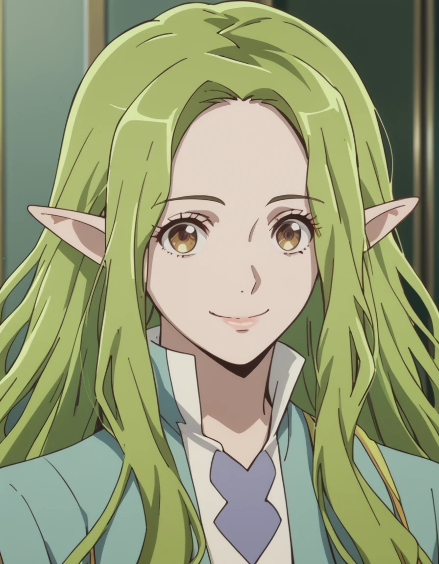 Marielle, long hair, brown eyes, green hair, pointy ears, elf, score_9, score_8_up, score_7_up, score_6_up, score_5_up, score_4_up, source_anime  <lora:LogHorizonDestructionoftheRoundTable:1> soft smile, portrait,