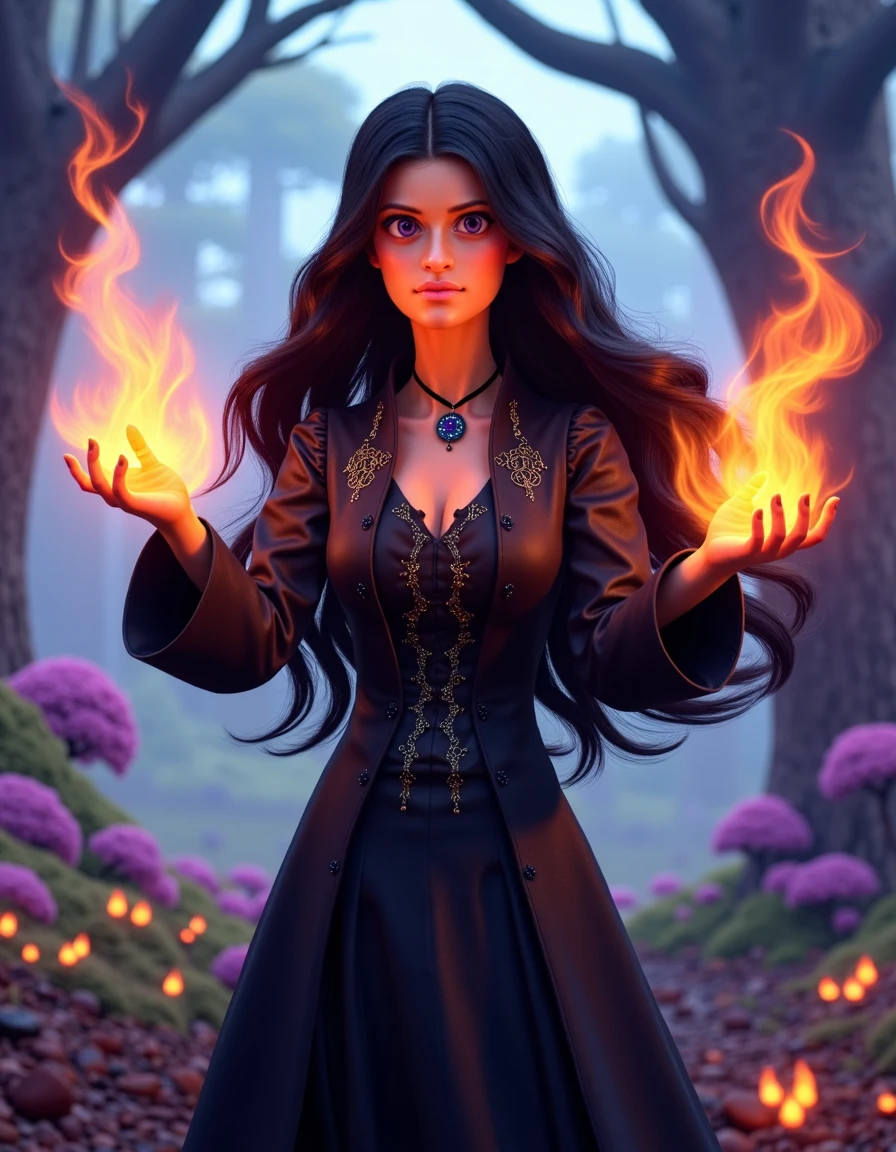 pixar style cartoon rendering Yennefer of Vengerberg casting a fiery spell. The character has long, flowing black hair and is wearing a dark, elegant robe with glowing magical symbols. She is standing in a mystical forest with vibrant, exaggerated colors and large, cartoonish trees. Her hands are raised, and fiery magical energy is swirling around them, casting a warm, orange glow. The expression on her face is intense yet playful, capturing a mix of determination and whimsy. The background includes enchanted flora and soft, whimsical lighting, giving the scene a magical feel in the style of a pixar animated cartoon rendering