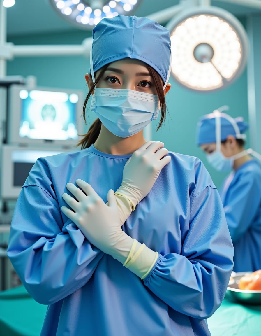 A beautiful Japanese female surgeon in operating room. She wears long sleeve surgical outfit, surgical cap, surgical mask and gloves. She is walking into the operating room, with her gloved hands raised to her chest level in front of her.
The female surgeon is played by a young idol from AKB48. She has beautiful eyes and immaculate skin. 
<lora:surgical_outfits_for_flux-000006:1>