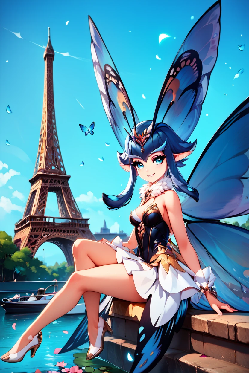 score_9, score_8_up, score_8, medium breasts, (curvy), cute, eyelashes,       BREAK, , zzPhantomfly, looking at viewer, dress, full body, wings, blue background, fur collar, antennae, butterfly wings, insect wings  ,,<lora:AzurPromiliaPDXL:0.8>, , BREAK,  zzEiffelTower in background, sitting, watercraft, boat, sitting on wall, side view, looking at viewer, smile,  BREAK, blooming stars, luminescent petals, otherworldly fragrance blurry background, embedding:zPDXL, Expressiveh, <lora:EiffelTowerPDXL:0.8>,  <lora:CatalystStylePDXL:0.6>,  <lora:SDXLFaeTastic2400:0.5>,  <lora:Expressive_H-000001:0.4>,