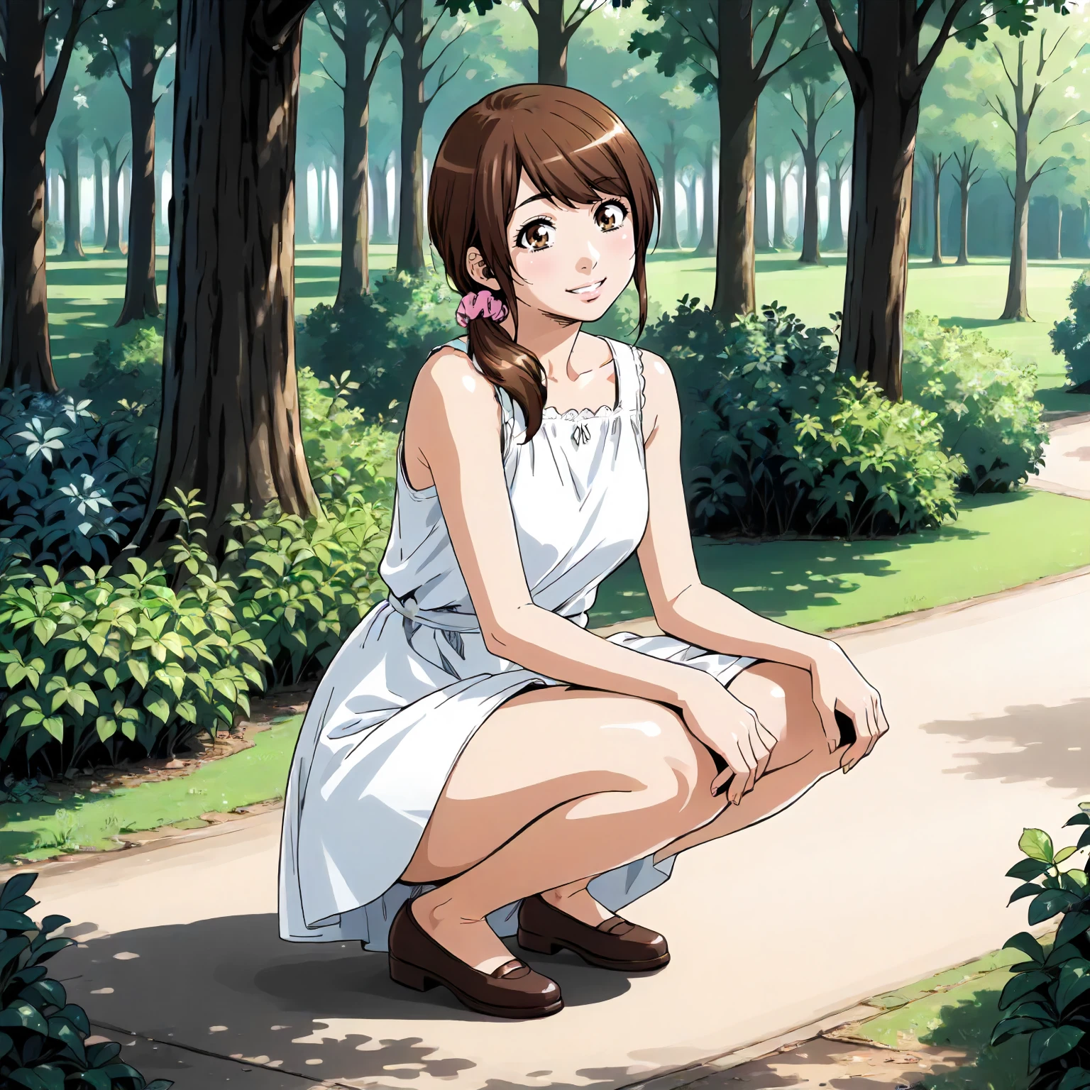 <lora:Us_SaekoXLpony003:0.8>,
outdoors,nature,
smile,
solo,
Saeko,1girl,brown hair,low ponytail,hair scrunchie,brown eyes,
dress,
full body,squatting,