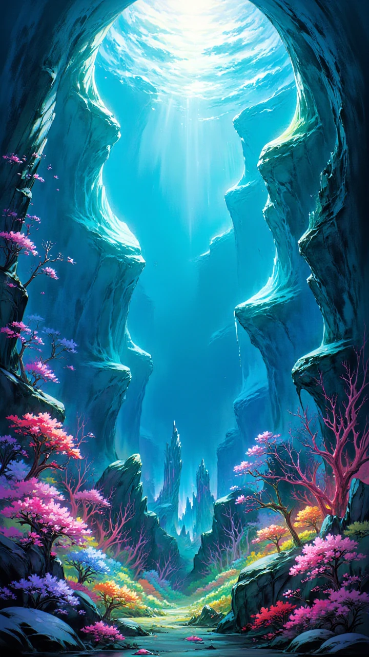 painted world, breathtaking view of an underwater forest, colorful coral and plants, a ruined city lies in the distance