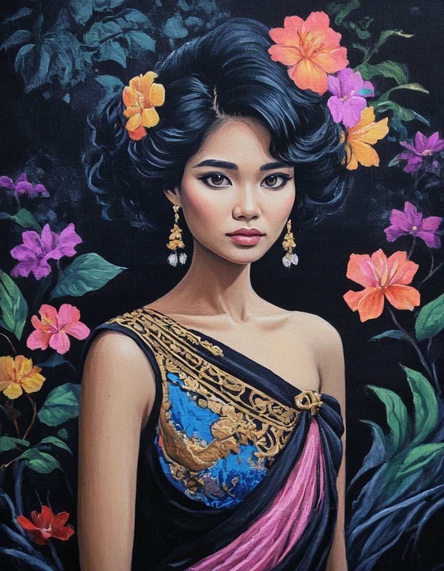 novuschroma49 style average thai woman wearing 1980s fashion  art nouveau  as a painting on black canvas <lora:novuschroma49 style_2:1>