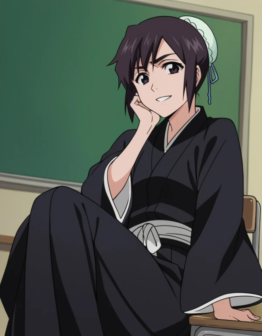 score_9, score_8_up, score_7_up, source_anime, <lora:momo-hinamori-anime-ponyxl-lora-nochekaiser:1>, momo hinamori, black hair, hair bun, single hair bun, bun cover, short hair, black eyes,, long sleeves, japanese clothes, kimono, haori, black kimono, hakama, black hakama,, classroom, chalkboard, day time, studying, sitting, chair, desk,, smile, looking at viewer, hand on shoulder, foot crossed over, knee up, solo,, cowboy shot, dutch angle