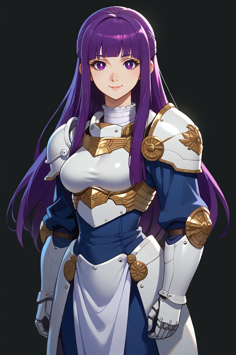 score_9, score_8_up, score_7_up BREAK  1girl,solo,smile,medium breasts
PLD_armor, woman in armor suit , wearing PLD_armor,cowboy shot,breastplate,
<lora:edgArmoredPony:0.8>
 <lora:ChamFernPonyXL:1> purple hair, purple eyes, long hair, half updo, fernbase