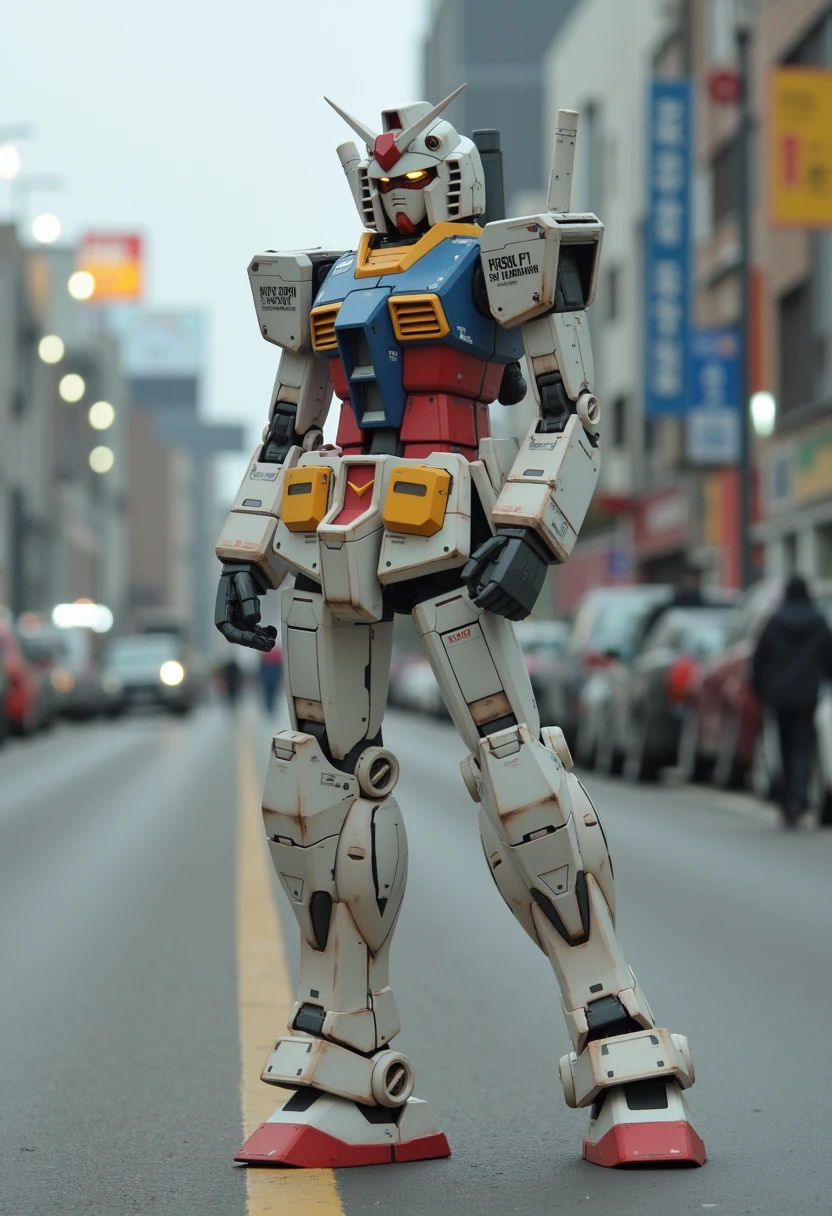 RX-78,Gundam, a young woman dressed in Gundam RX-78 mobile suit, she has a bare hug breasts, her nipples are clearly seen. she is dancing in the middle of the street,