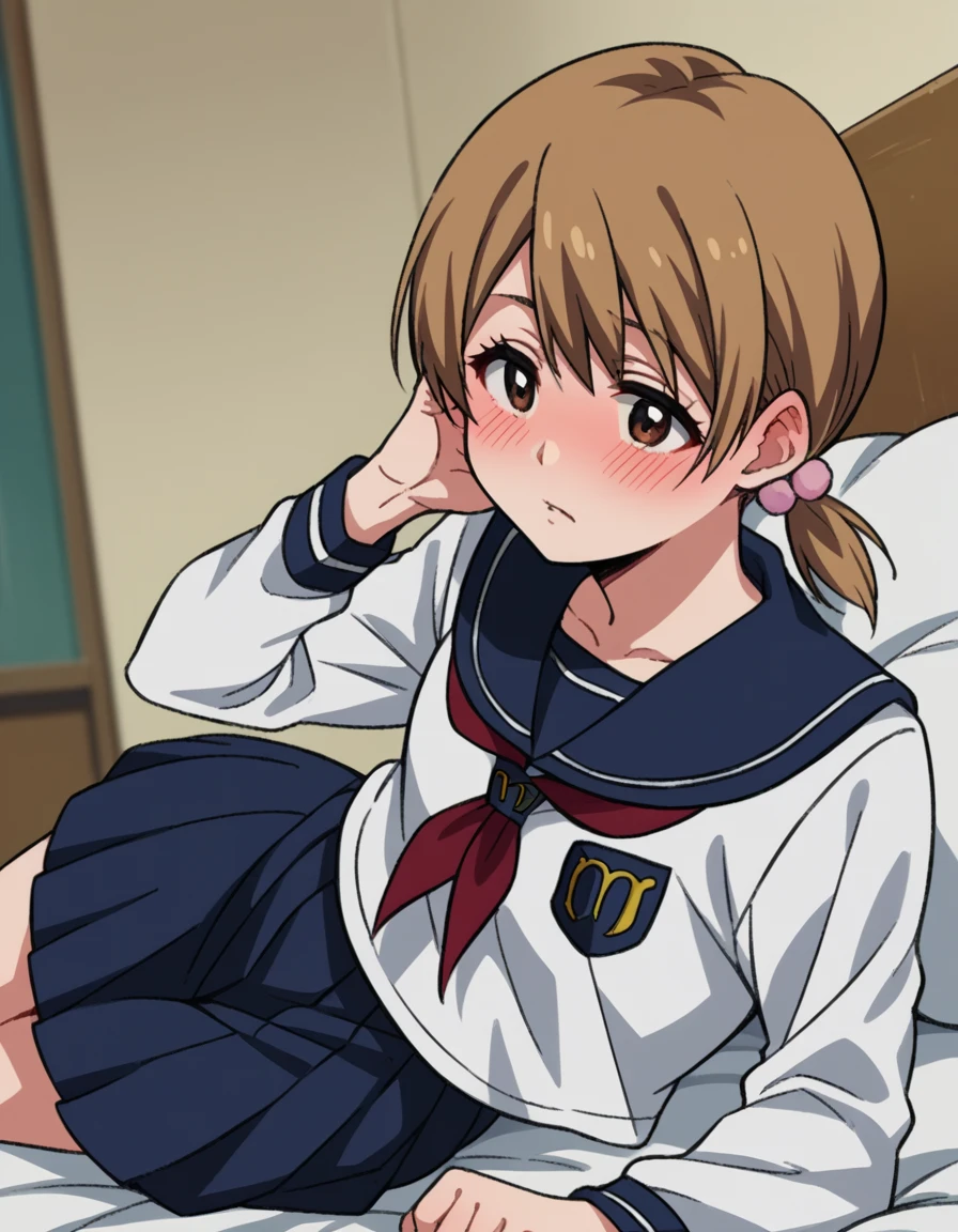 score_9, score_8_up, score_7_up, source_anime, <lora:yuzu-kurosaki-anime-ponyxl-lora-nochekaiser:1>, yuzu, short hair, brown hair, brown eyes,, twintails, short twintails, school uniform, serafuku, neckerchief, red neckerchief, skirt, blue skirt, pleated skirt, long sleeves, white shirt, shirt, sailor collar, blue sailor collar,, indoors, bed, bed room, on side, blush, drunk,, , , foot crossed over, hand on neck, elbow bent, solo,, cowboy shot, dutch angle