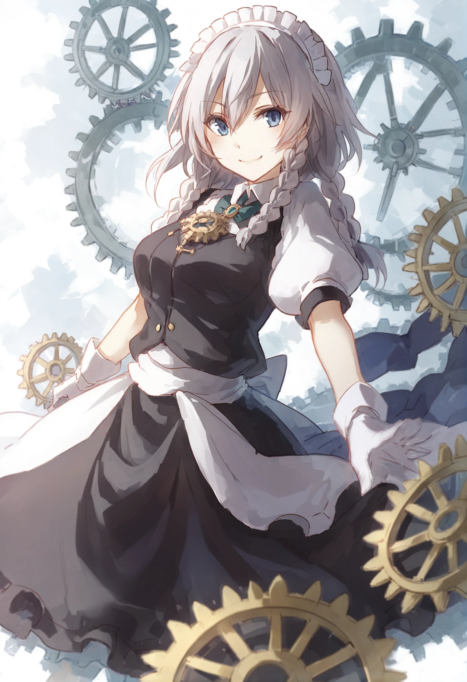 masterpiece, best quality, 1girl, solo, izayoi sakuya, watch, braid, blue eyes, gloves, white hair, maid headdress, twin braids, looking at viewer, smile, gears, short hair, maid, upper body, white gloves 
 <lora:junsui0906XLlokr4f-000181:0.95>