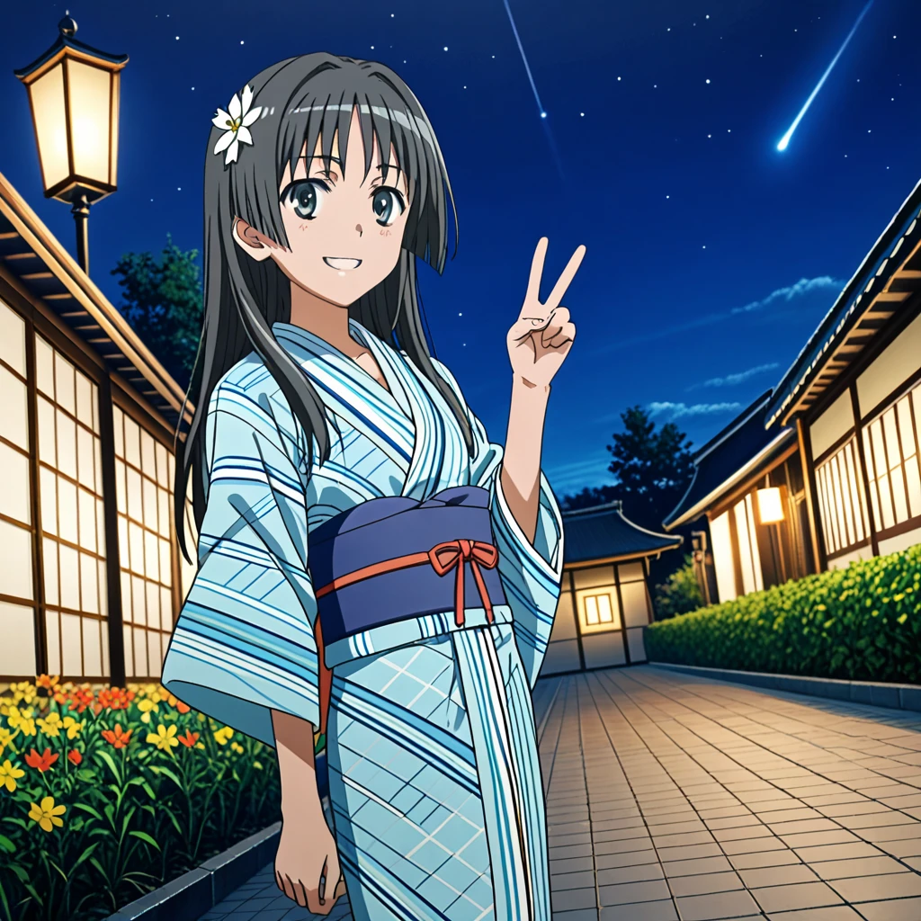 (yatai:1.2),outdoors,standing,smile,onehand_peace_sign,night_sky, fire_flower, 
slender, 1girl, dutch_angle, dynamic lighting,detailed_background,
highres,official_art, very_aesthetic,depth_of_field,caustics, natural_lighting,
<lora:add-detail-xl:1.5> saten_ruiko, long_hair, hair_flower,japanese_clothes, kimono,yukata,
 <lora:Toaru_Saten_v10:1>