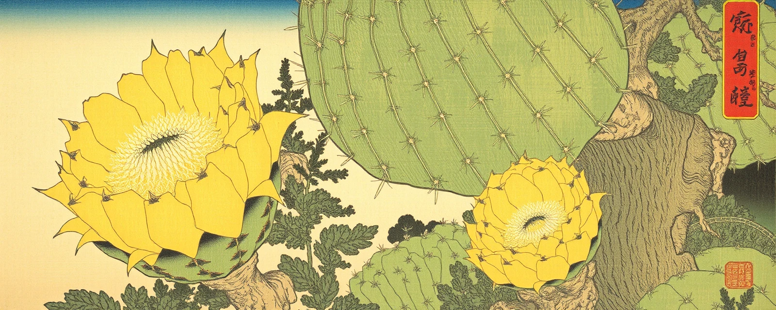 ukiyo-e of eastern prickly pear in prophane, stunningly vivid gold color,fine detail line work, excessive texture