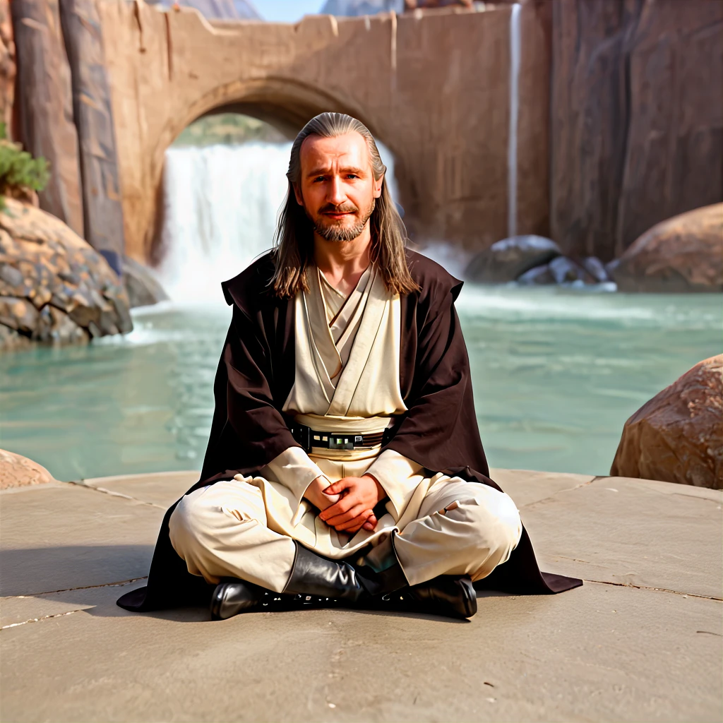 photorealistic, 4k UHD, <lora:SW_Qui-Gon_Jinn:1> qui-gon jinn meditating on a rock, sitting, star wars, male focus, gray hair, old man, jedi robes, trousers, boots, meditation, facial hair, 1boy, beard, solo, long hair, realistic, mustache, brown hair, science fiction, blurry background, wry smile, character portrait, looking at viewer,   <lora:Tatooine_Homestead:1> Tatooine, homestead, scenery, outdoor, mountain, door,  building, red sky, bag, hood, two suns, full body, perfect blue eyes,  <lora:PerfectEyesXL:1>