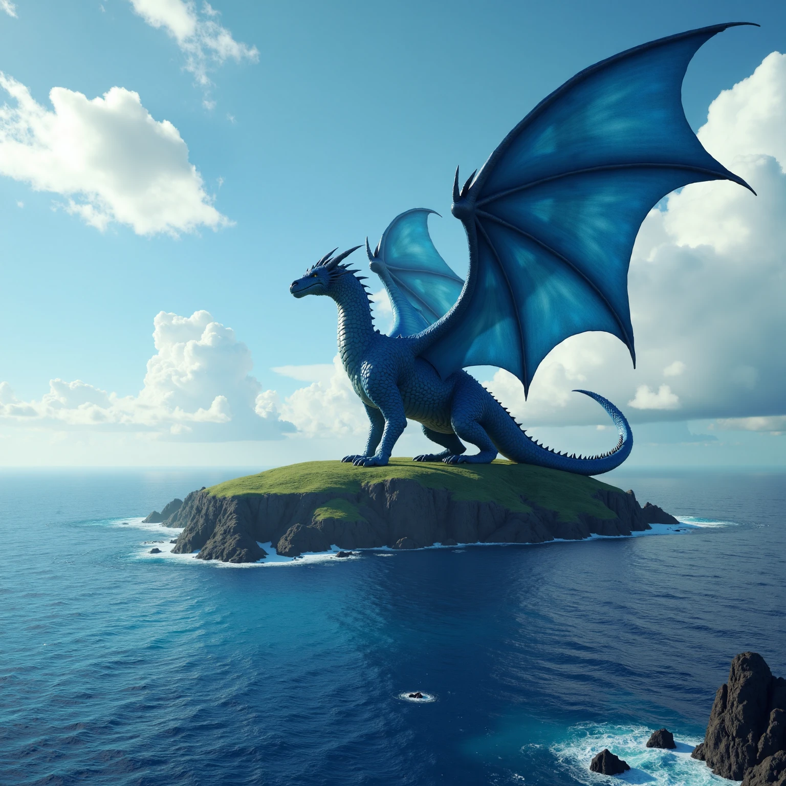 <lora:Elemental_Planes-Water:1>, elementalplanewater, a sweeping epic landscape shot of a huge winged blue dragon sitting on a lone island in the vast expanse of the ocean