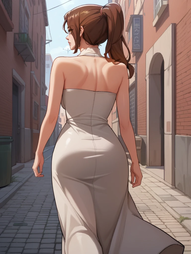 score_9, score_8_up, score_7_up, score_6_up, source_anime, <lora:neg4all_bdsqlsz_V3.5:2.0> RHyemi, 1girl, high ponytail, brown hair, brown eyes, strapless dress, tight dress, white dress, alley, walking, looking at viewer, curious, facing viewer, from front, close up
 <lora:YGARyuHyemi-125reps-PROD:1>