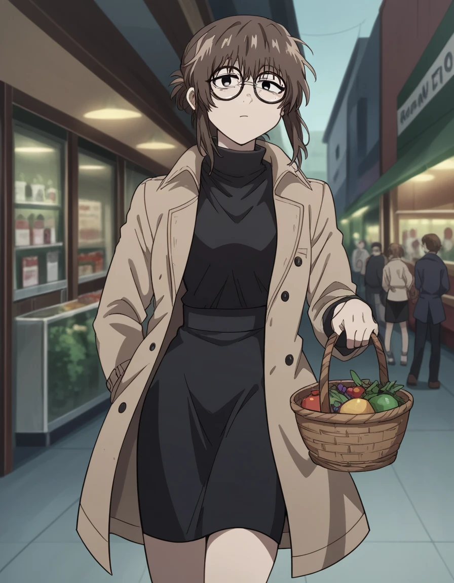 score_9, score_8_up, score_7_up, source_anime, <lora:anko-uguisu-s1-ponyxl-lora-nochekaiser:1>, anko uguisu, short hair, brown hair, glasses, black eyes,, dress, black dress, coat, turtleneck,, farmers market, fresh produce, local vendors, baskets, sunny day, community, , , knee bent, hand on neck, foot pointed, solo,, cowboy shot, dutch angle