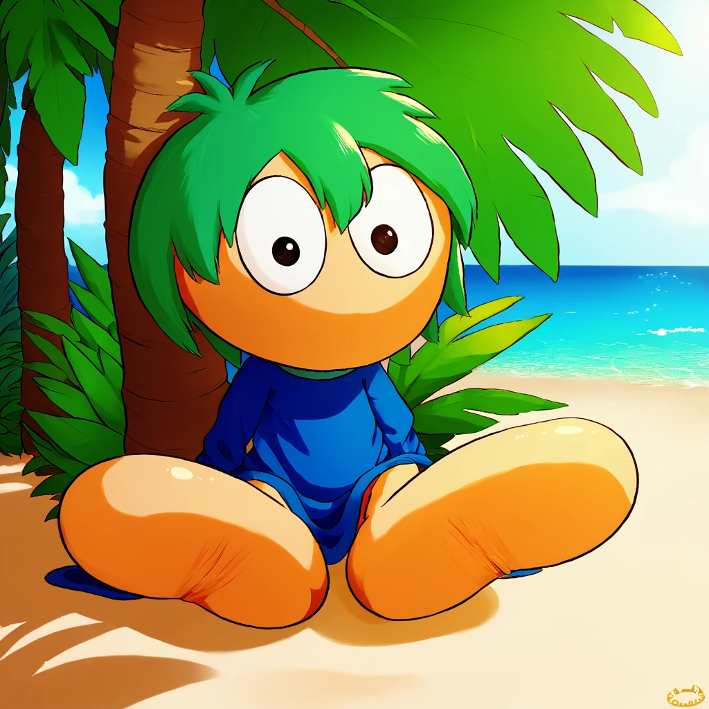 score_9, score_8_up, score_7_up, 1boy, by banana da boi,
L3mm1ngs, Green Hair, Toony Feet, Blob Feet, Mitten Hands, Large eyes, blue robe, sitting on a tropical beach under shade, surrounded by lush palm trees, soft white sand, dappled sunlight filtering through leaves, hyperrealistic, vibrant colors, cinematic lighting, peaceful atmosphere, detailed texture, digital painting