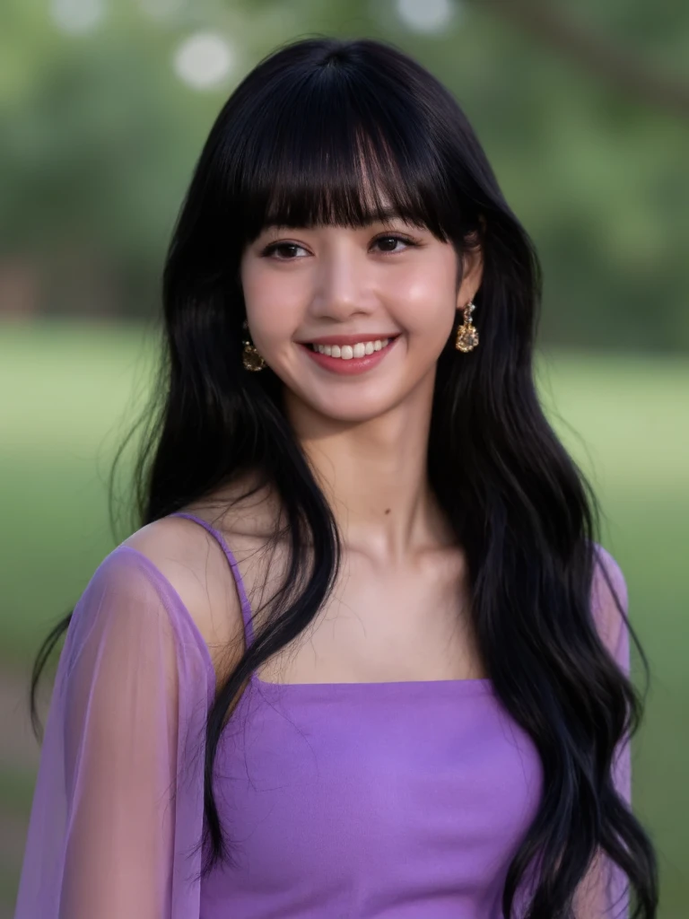 Portrait of blalis asian woman, wearing a violet summer dress. She has long black hair with bangs and wears golden earrings. She is smiling at the camera