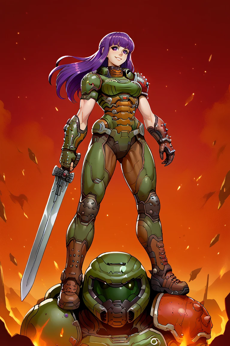 score_9, score_8_up, score_7_up BREAK  1girl,solo,smile,medium breasts
dslayer, a woman with a sword standing on a pile of corpses, the only thing they fear is you, rip and tear until it is done, he is doom, the slayer's time is now
<lora:edgArmoredPony:0.85>
 <lora:ChamFernPonyXL:1> purple hair, purple eyes, long hair, half updo, fernbase