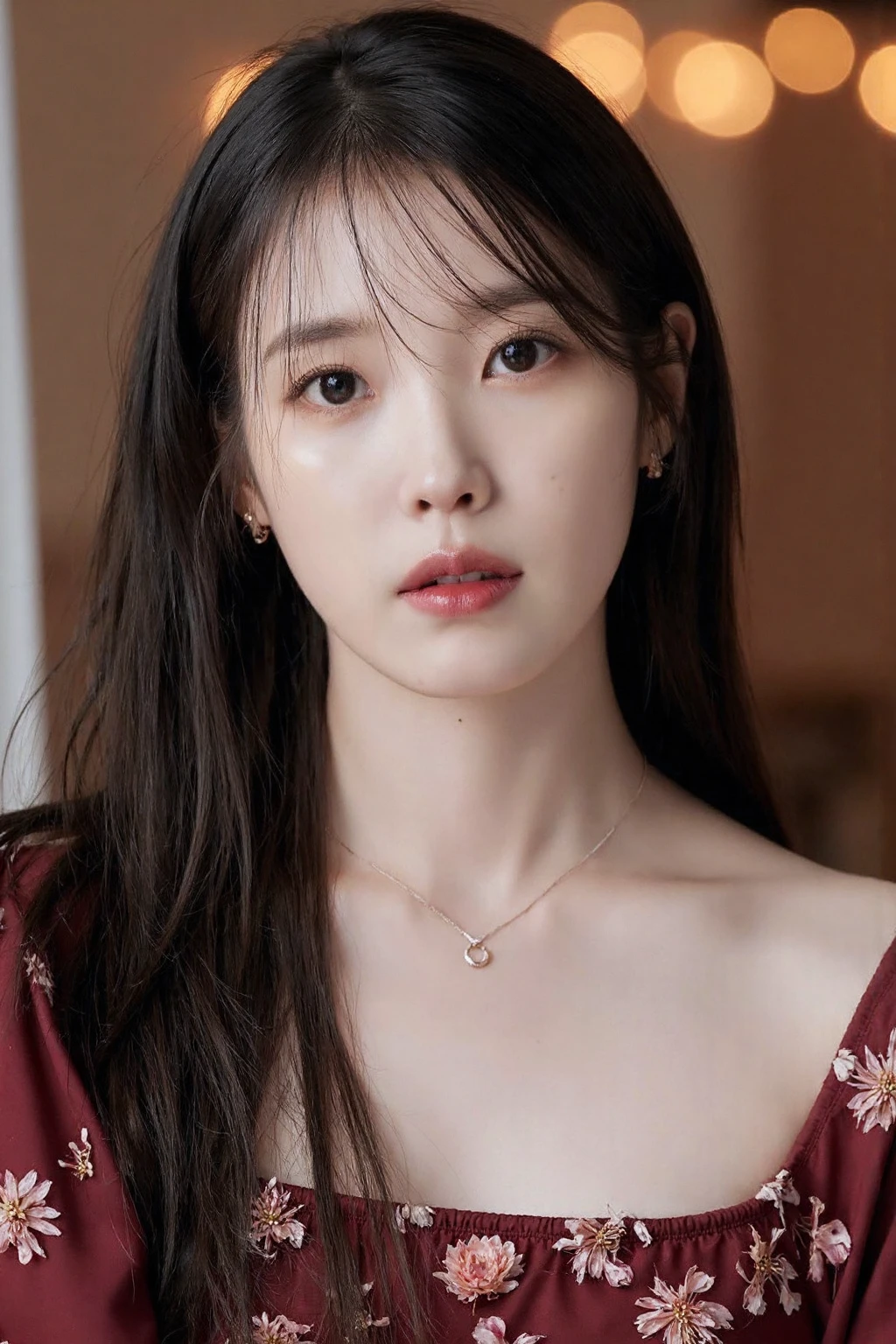 (medium full shot), beautiful korean girl, bokeh lights background, studio lighting, wearing bohemian dress with floral pattern, dslr, soft lighting, high quality, film grain, light reflections, blood vessels, pale skin, skin pores,blood vessels in sclera, detailed skin, beauty spots, skin fuzz, <lora:flux_realism_lora:1>, <lora:makinaflux_iu_v1.0:1>