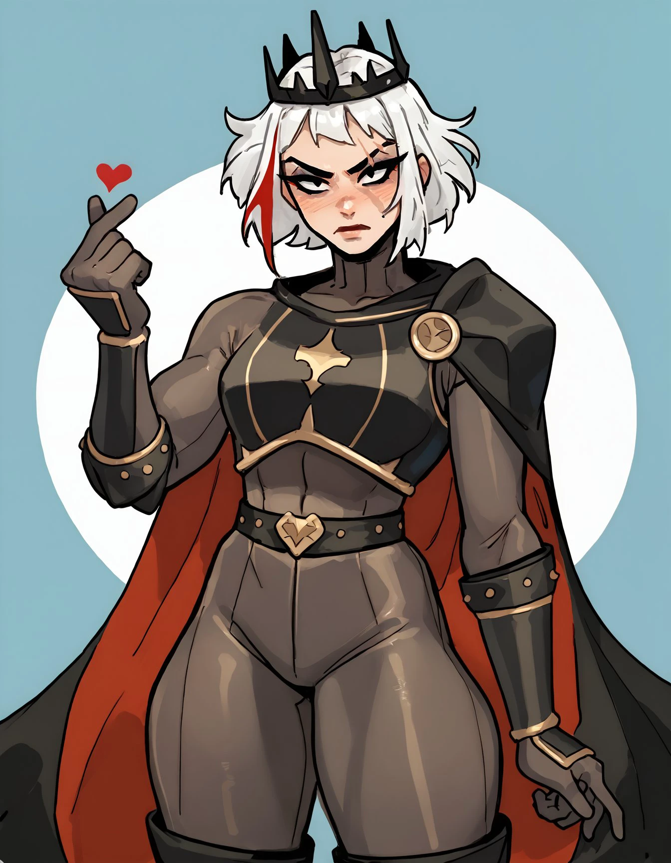 score_9, score_8_up, score_7_up, score_6_up BREAK, finger heart, hearts, blush, 1girl, solo, short hair, white hair, multicolored hair, makeup, scar, crown, armor, gloves, bracers, bodysuit, cape, thick thighs, <lora:Ulfger_PDXL:0.6> <lora:add-detail-xl:0.3>  <lora:officialpit_v2-8:1> <lora:finger_heart_korean:0.8>