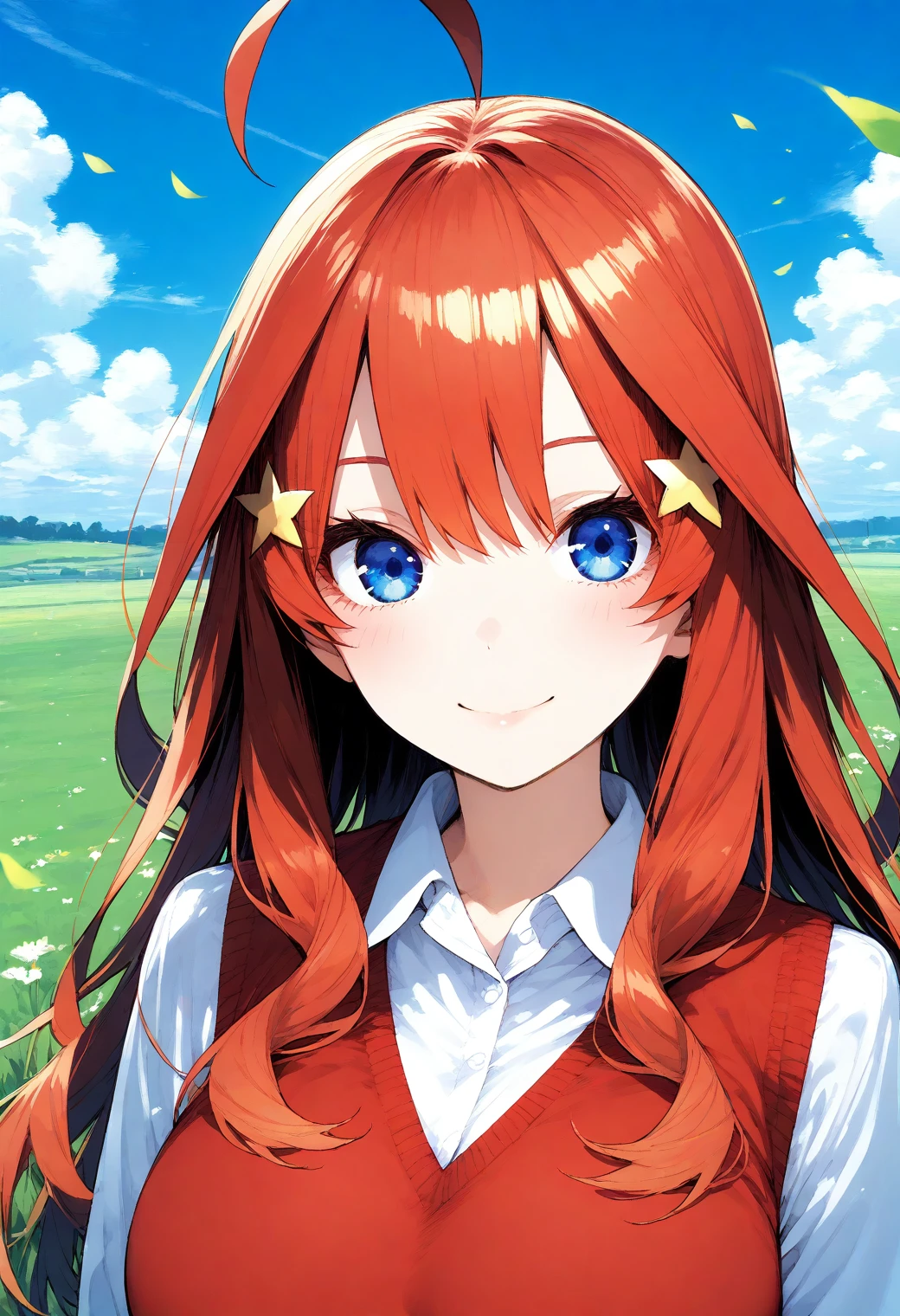 1girl, solo, (field:1.2), (blue sky:1.2), large breasts, smile, 
nakano_itsuki, blue eyes, red hair, long hair, ahoge, hair ornament, red sweater, sweater vest, collared shirt, long sleeves, <lora:nakano_itsuki_pony_ver2:0.7>, score_9, score_8_up, score_7_up, source_anime, best quality, uncensored, rating_safe,, (upper body:1.2), (close-up:1.6), (facing viewer:1.6),