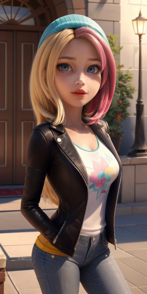 Hyperrealistic, photorealistic, super detailed, black unbuttoned jacket, white T-shirt, bright yellow jeans, vivid shade of azure eyes, shoulder length sandy blonde hair that has significantly shorter bangs with the ends reaching her shoulders, (hot pink dyed strands on the left side), light freckles, coral lips, body like in real life, large pores, peach skin tone, slender, beautiful arms, very little very flat breasts, unreal engine, octane render, droped shadow, bokeh, cinematic lighting, <lora:add_detail:0.5>, <lora:Volumetric_lighting:0.6>, Zoe Lee, , <lora:9c5d584a-ab50-49af-9d50-d339318f14f4:0.7>