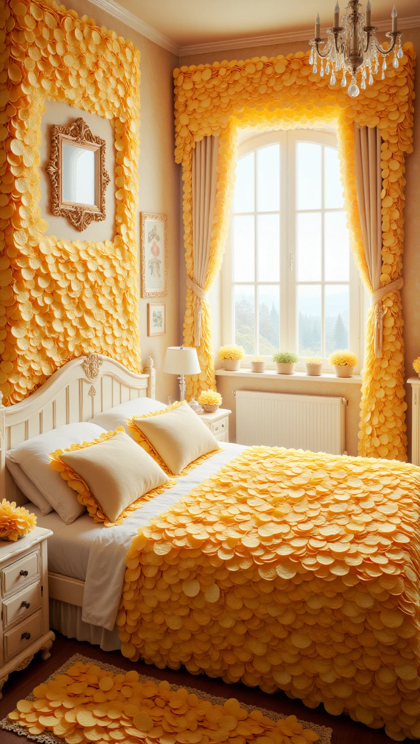 p1nkch1ps, made out of potato chips,Craft a serene bedroom setting: bed with fluffy pillows, soft ambient lighting, peaceful color palette, dreamy curtains, gentle breeze through open window                                                                                                                              