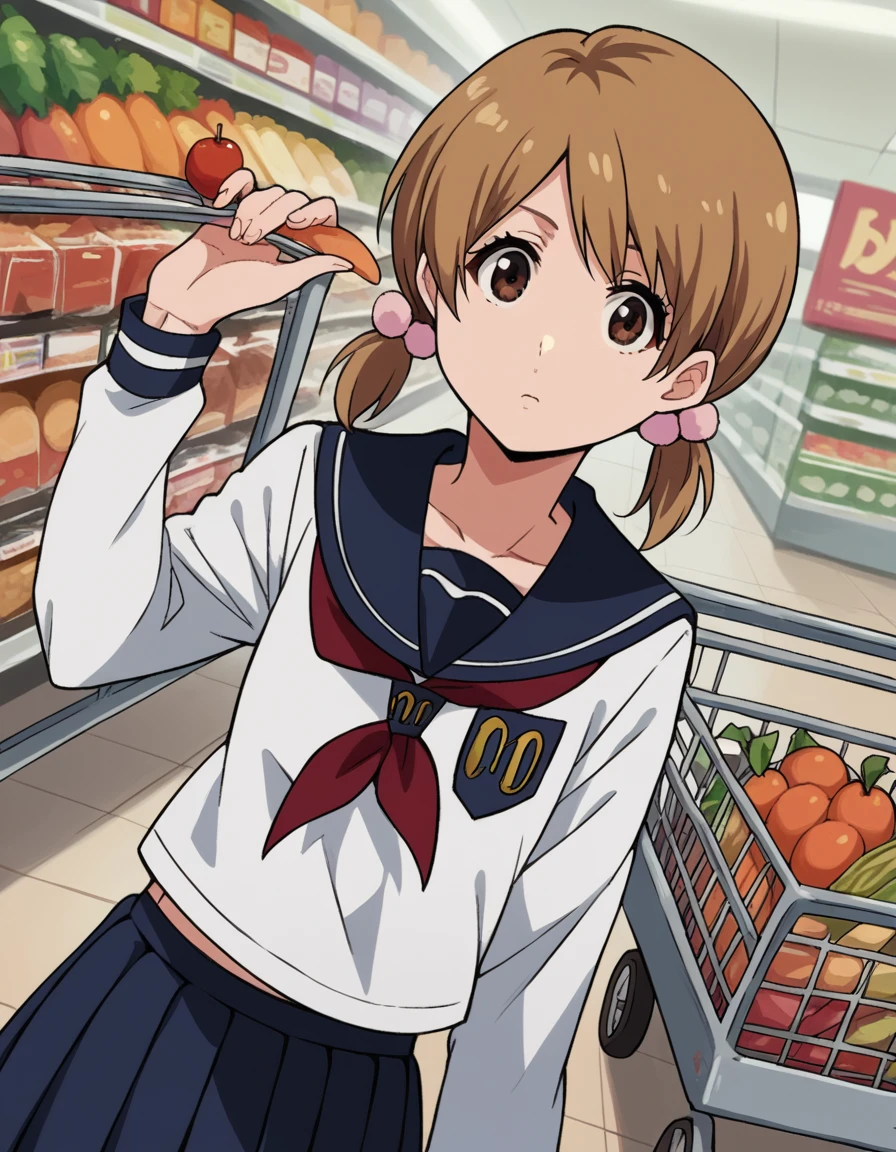 score_9, score_8_up, score_7_up, source_anime, <lora:yuzu-kurosaki-anime-ponyxl-lora-nochekaiser:1>, yuzu, short hair, brown hair, brown eyes,, twintails, short twintails, school uniform, serafuku, neckerchief, red neckerchief, skirt, blue skirt, pleated skirt, long sleeves, white shirt, shirt, sailor collar, blue sailor collar,, grocery store, shopping cart, picking fruits, everyday life, , , looking at viewer, foot on ground, hand on shoulder, elbow out, solo,, cowboy shot, dutch angle