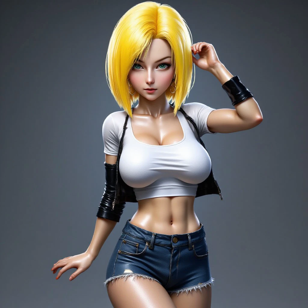 Android 18 from Dragon Ball as a real life person ultra hyper real person, in denim very short pants and white skinthight t-shirt, short shoulder-length yellow hairstyle, Android 18 is flying in the air and preparing a blue color "energy attack", her face shows an enraged face expression, ultra hyper realistic image, cinematic volumetric lighting, wide shot with a Sony Fx6