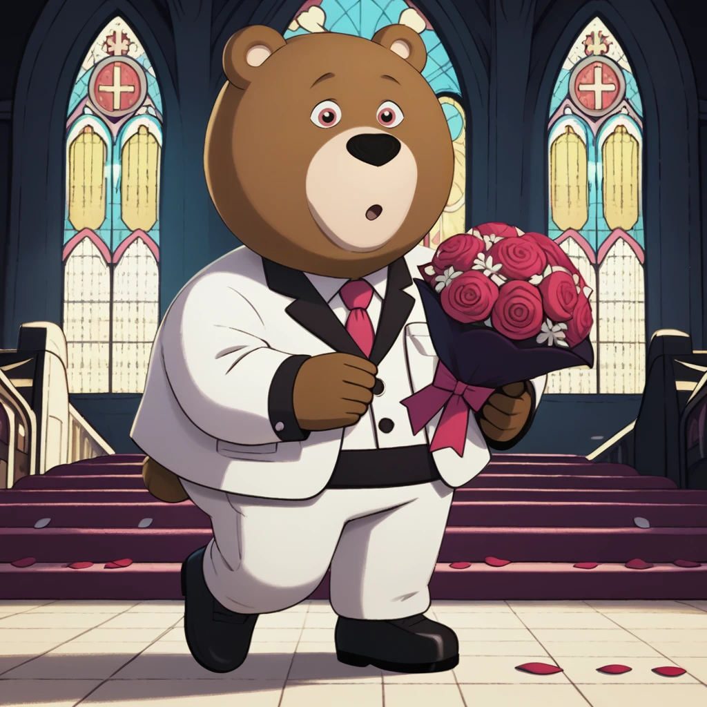 score_9, score_8_up, <lora:blackie-v12-14:1> uwblackiev, brown bear, solo, white formal, white pants, black shoes, holding bouquet, falling petals, on church, dark,